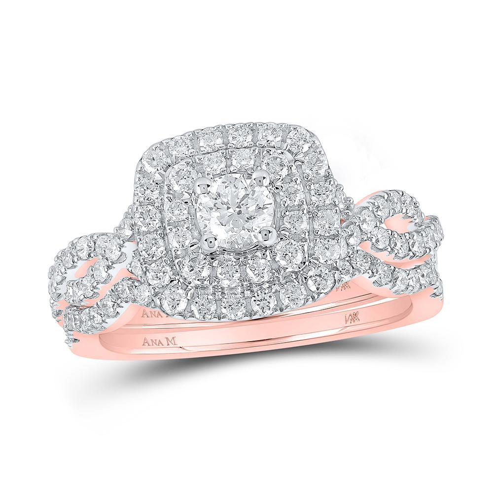 14kt Rose Gold Round Diamond Twist Halo Bridal Wedding Ring Band Set 1 Cttw