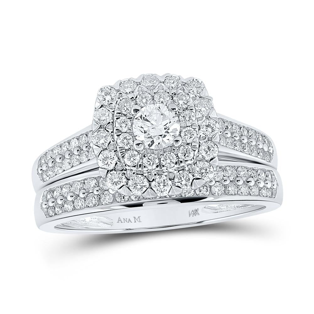 14kt White Gold Round Diamond Halo Bridal Wedding Ring Band Set 1 Cttw