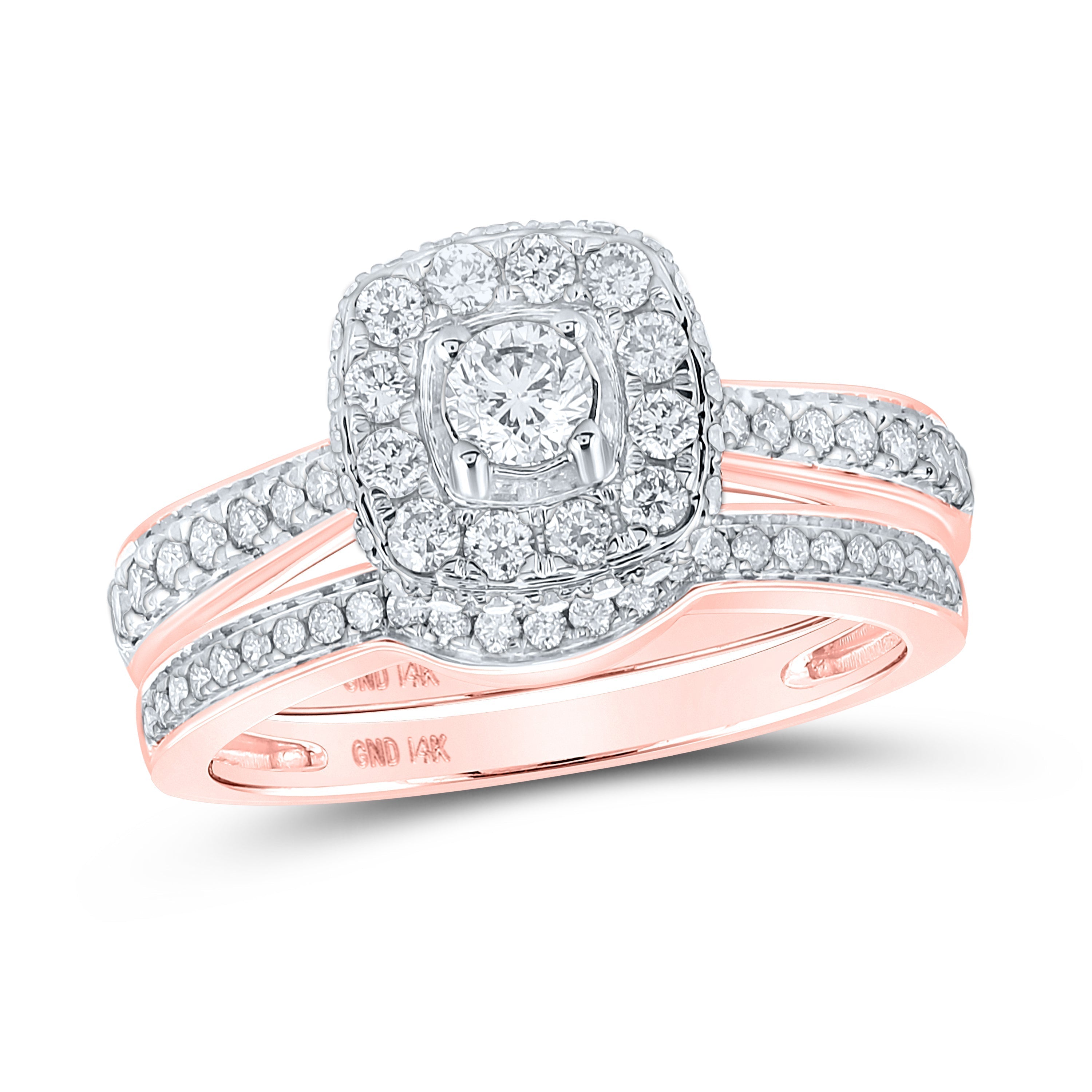 14kt Rose Gold Round Diamond Square Halo Bridal Wedding Ring Band Set 1 Cttw