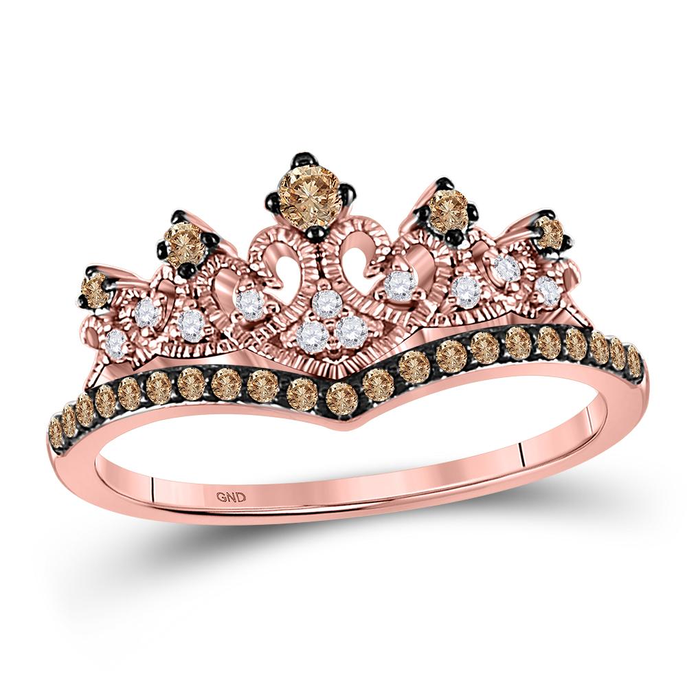 10kt Rose Gold Womens Round Brown Diamond Crown Tiara Ring 1/3 Cttw