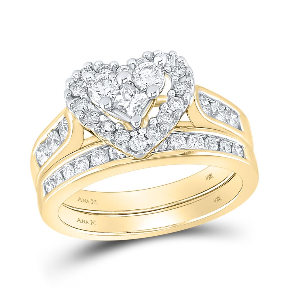 14kt Yellow Gold Princess Diamond Heart Bridal Wedding Ring Band Set 1 Cttw