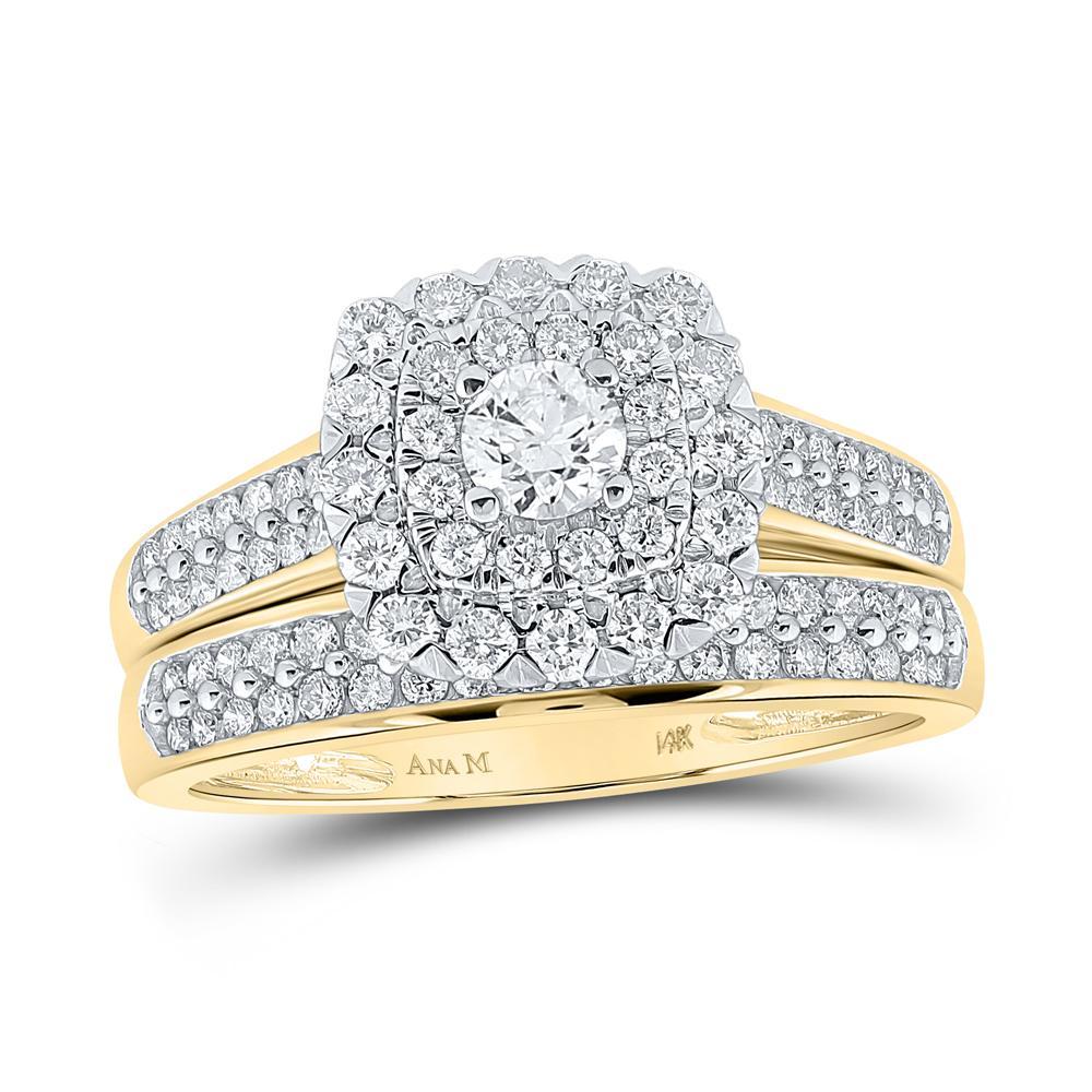 14kt Yellow Gold Round Diamond Halo Bridal Wedding Ring Band Set 1 Cttw
