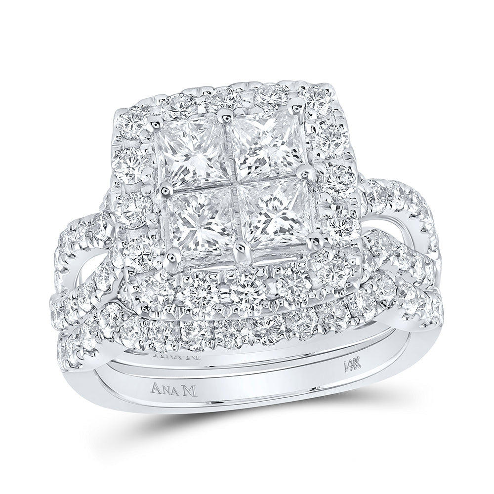 14kt White Gold Princess Diamond Square Bridal Wedding Ring Band Set 3 Cttw
