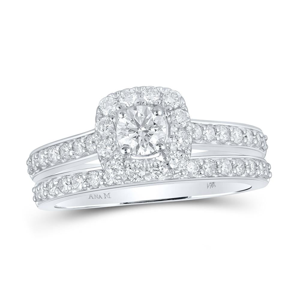 14kt White Gold Round Diamond Halo Bridal Wedding Ring Band Set 1 Cttw