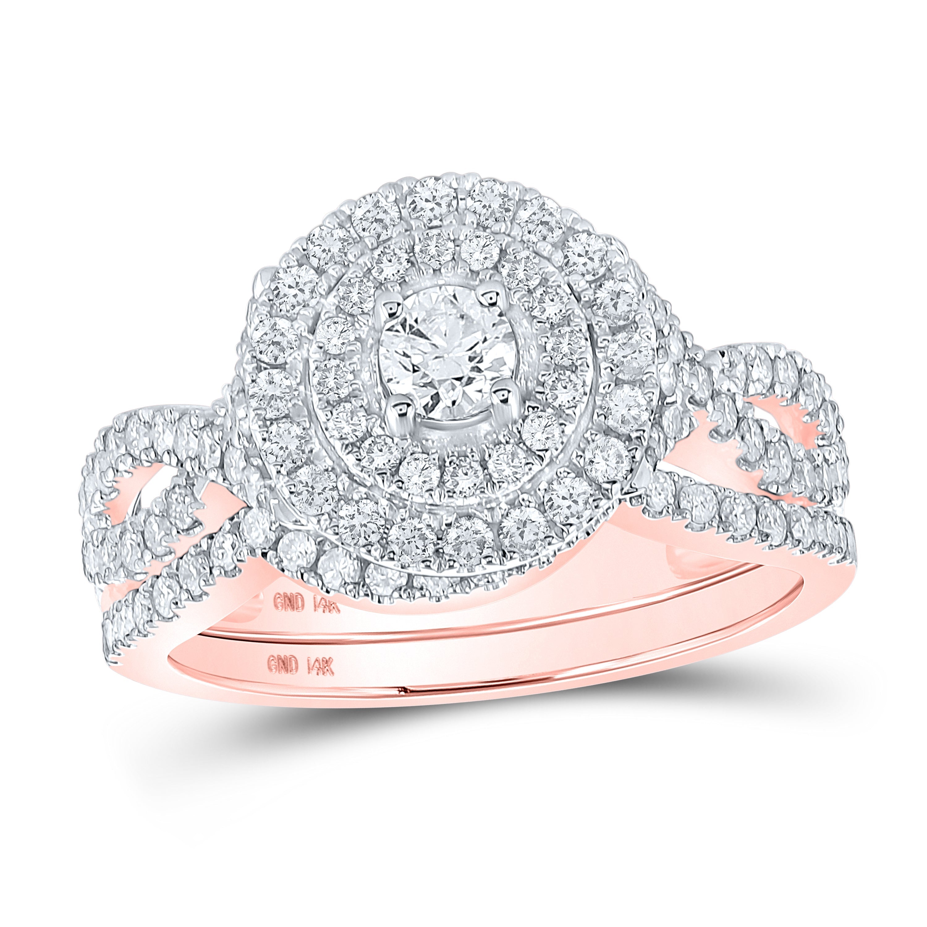 14kt Rose Gold Round Diamond Double Halo Bridal Wedding Ring Band Set 1 Cttw