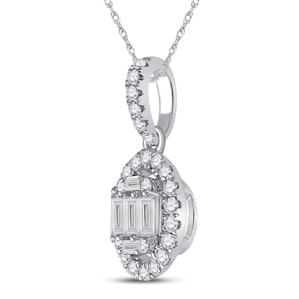 14kt White Gold Womens Baguette Diamond Oval Pendant 1/3 Cttw