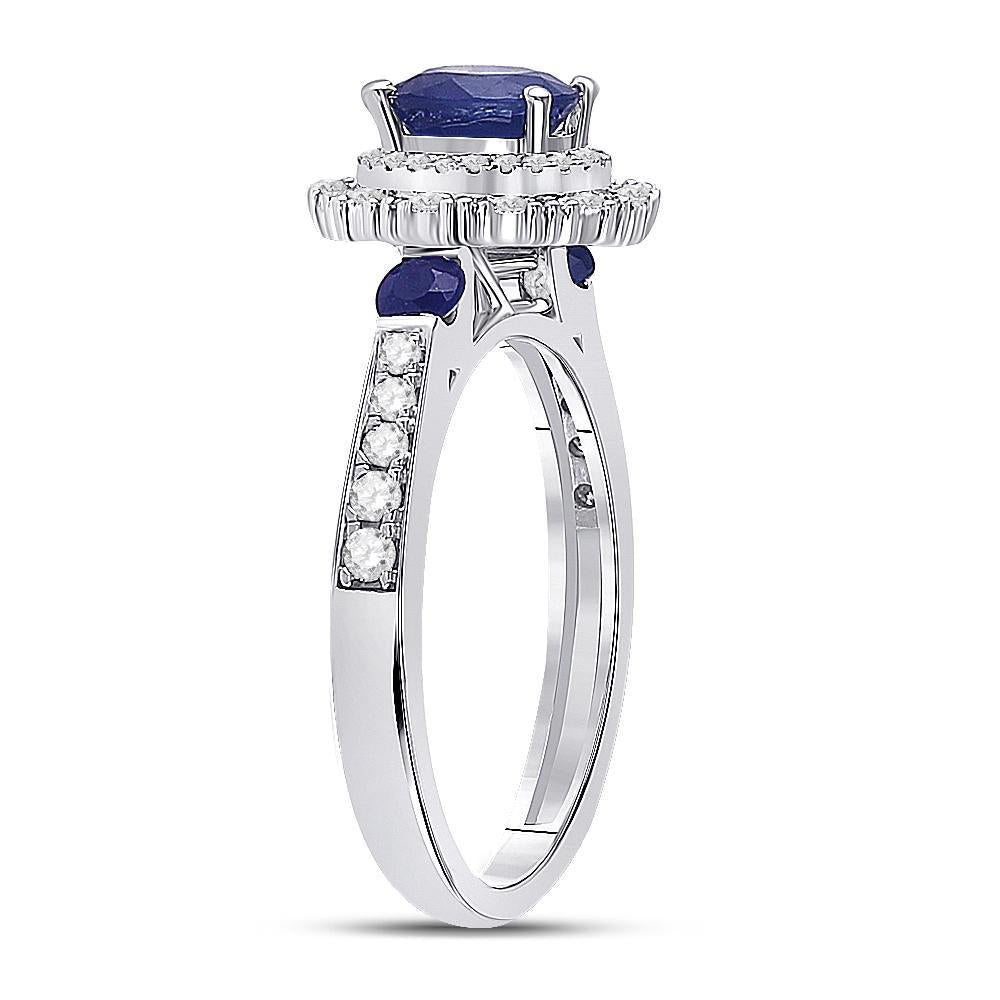 14kt White Gold Womens Round Blue Sapphire Diamond Halo Ring 1-3/4 Cttw