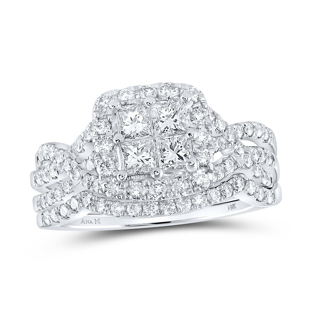 14kt White Gold Princess Diamond Square Bridal Wedding Ring Band Set 1-1/2 Cttw