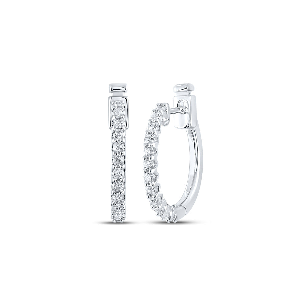 14kt White Gold Womens Round Diamond Hoop Earrings 1/2 Cttw