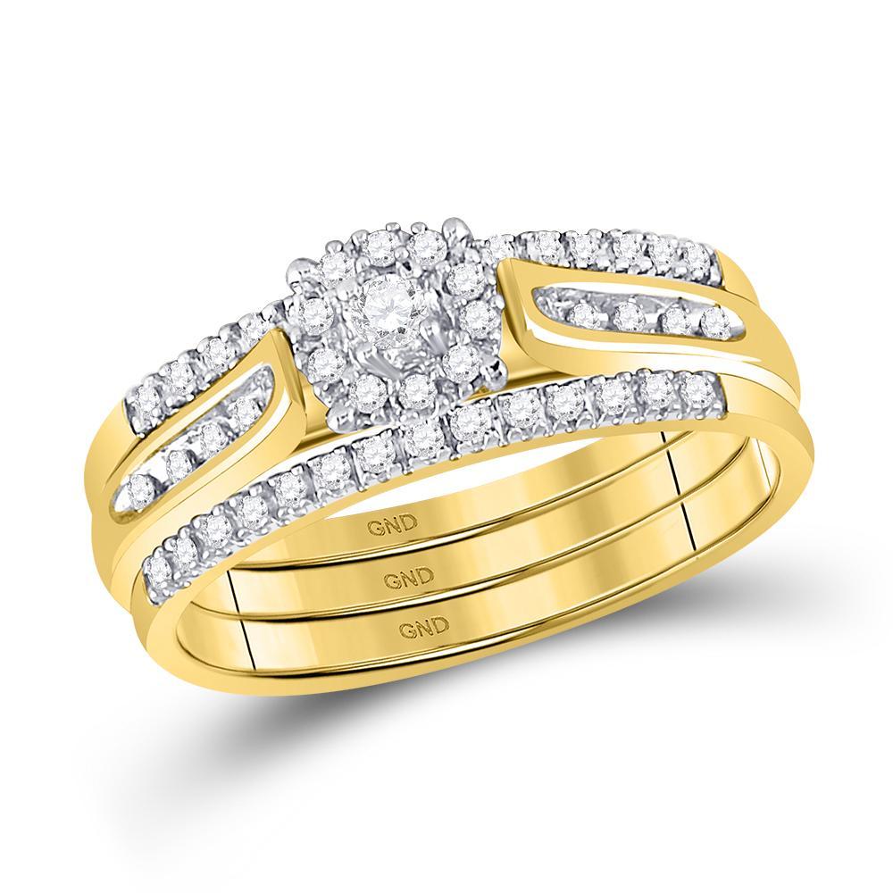 14kt Yellow Gold Round Diamond 3-Piece Bridal Wedding Ring Band Set 1/4 Cttw