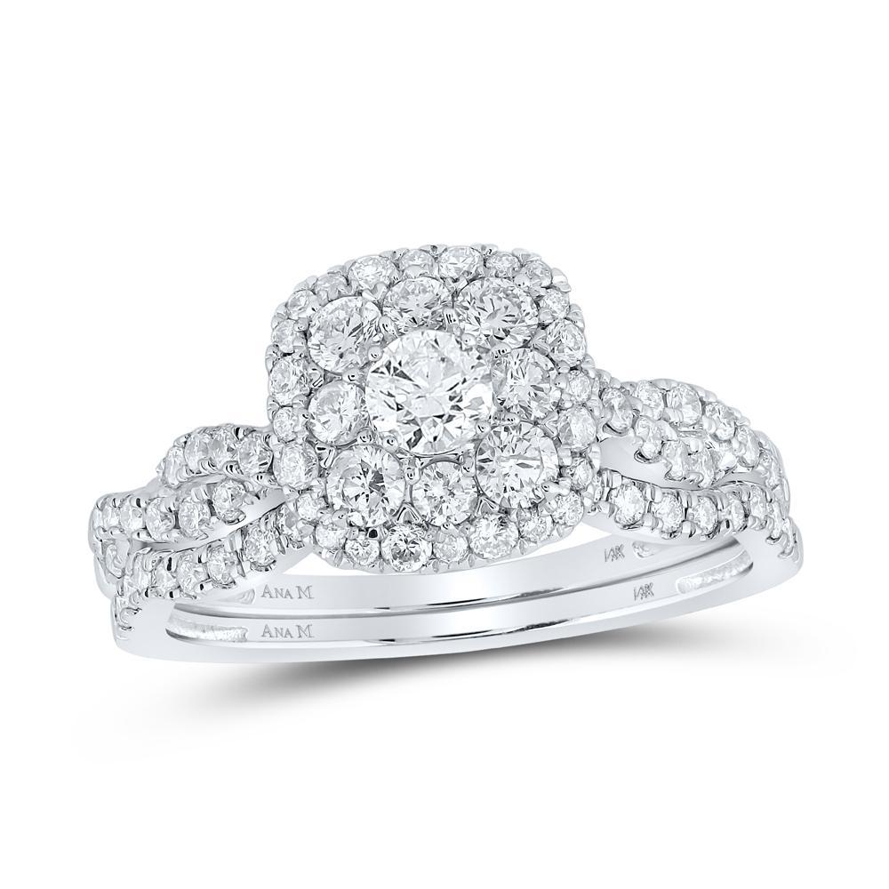 14kt White Gold Round Diamond Halo Bridal Wedding Ring Band Set 1 Cttw