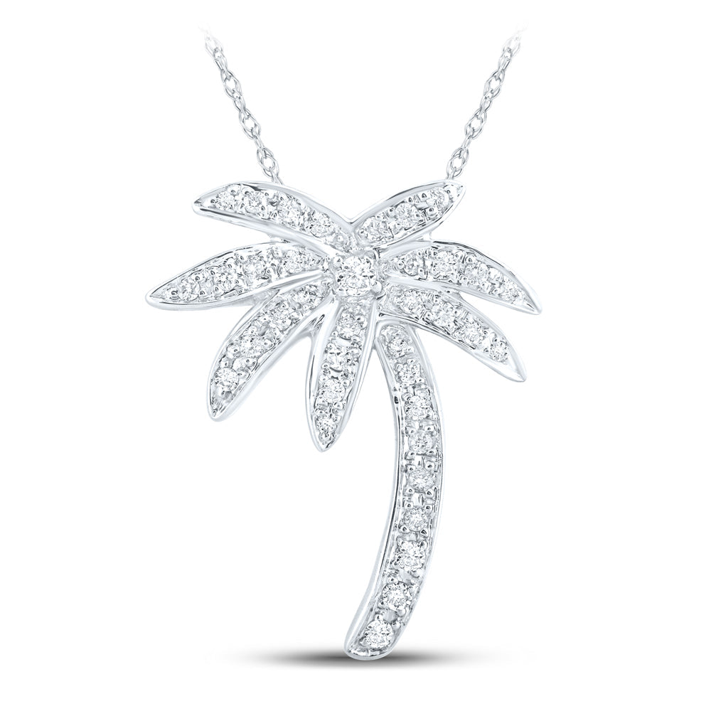 14kt White Gold Womens Round Diamond Palm Tree Pendant 1/4 Cttw