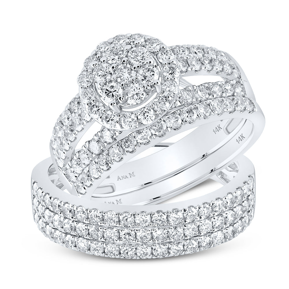 14kt White Gold His Hers Round Diamond Cluster Matching Wedding Set 2-1/3 Cttw