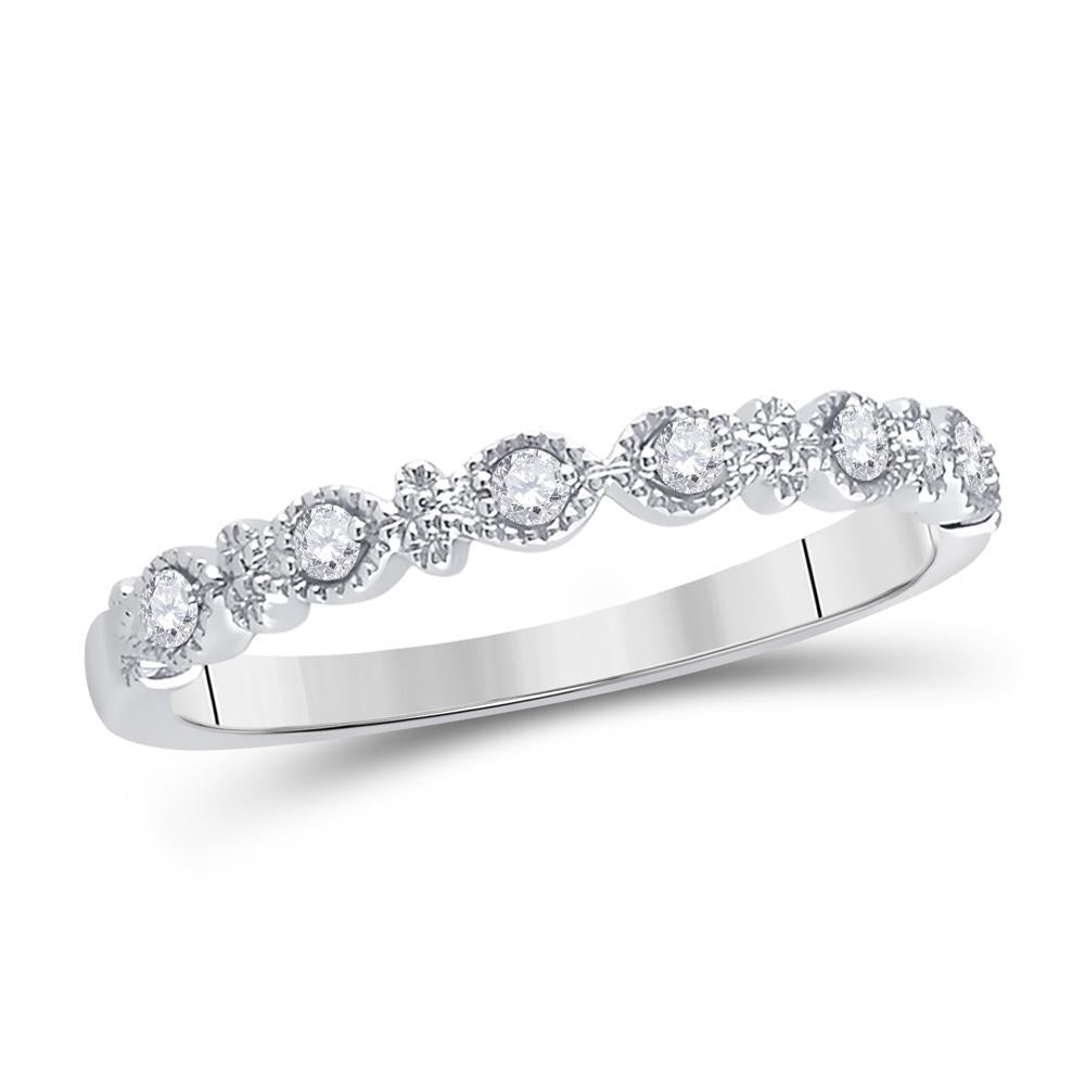 14kt White Gold Womens Round Diamond Milgrain Stackable Band Ring 1/10 Cttw